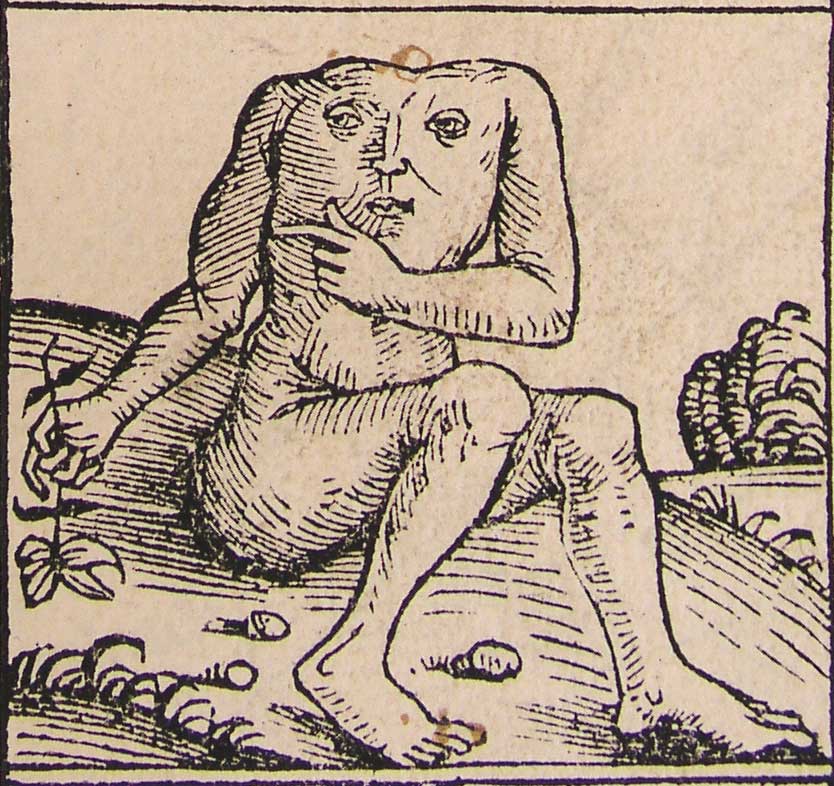 A headless man with his face in his chest — Blemmyae woodcut from the Nuremberg Chronicle, 1493